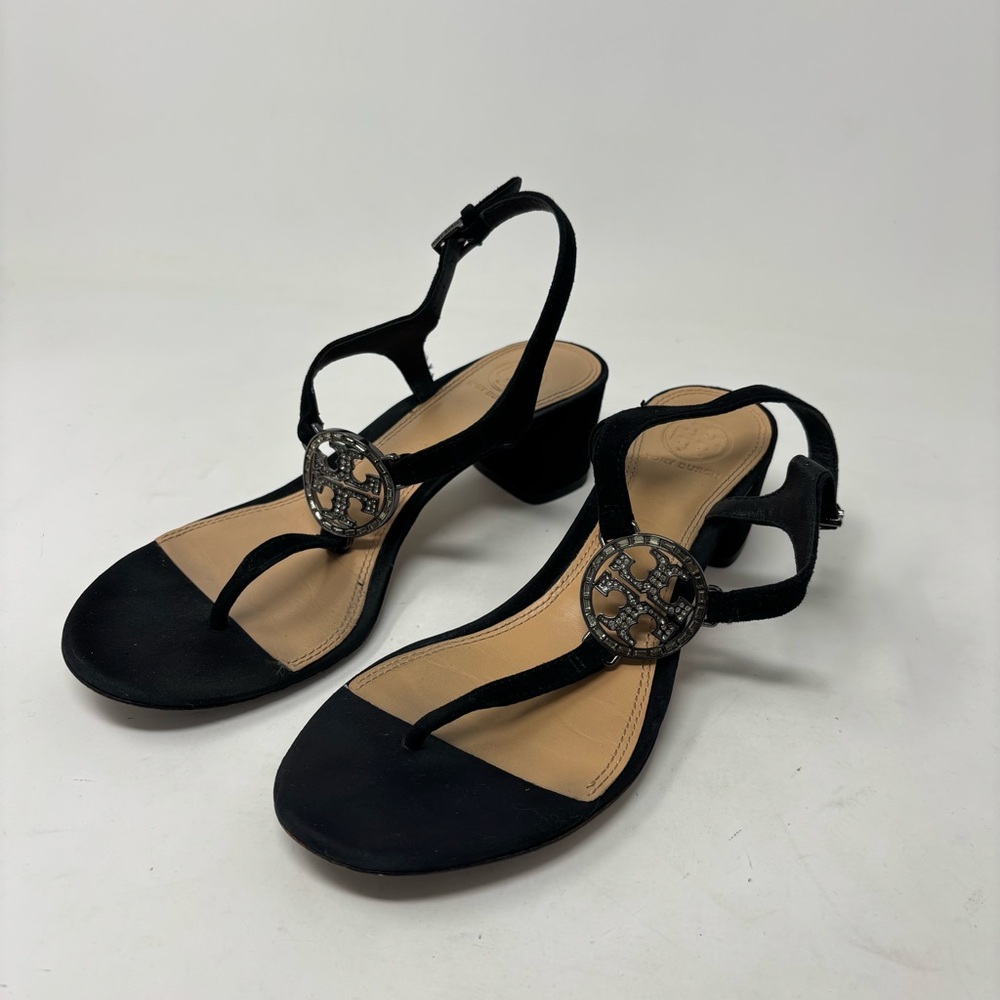 Tory Burch Black Suede Thong Sandal with Logo Medallion size 8